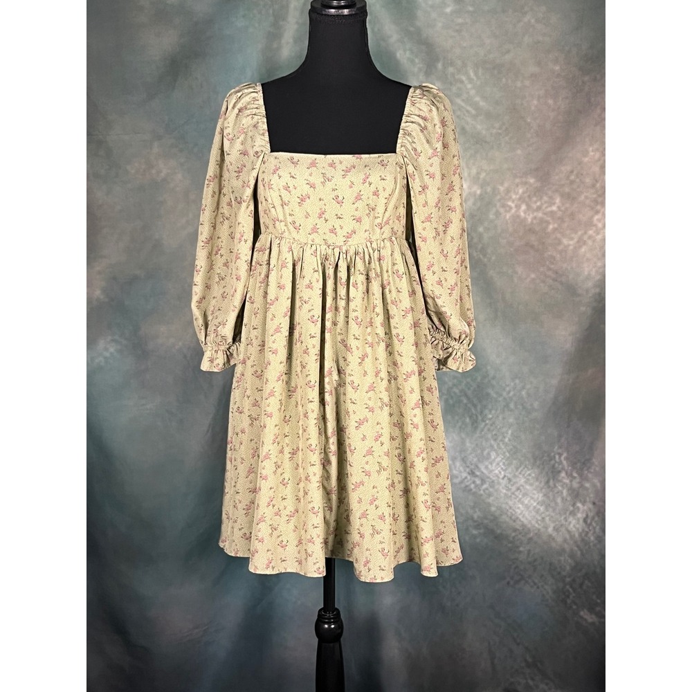 Storia Sage Green Floral Polka Dot Square Neck Puff Sleeve Mini Dress Small